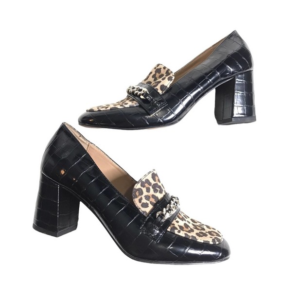 Crown & Ivy | Scarlett Leopard Print & Black Heeled Loafers - Picture 1 of 9